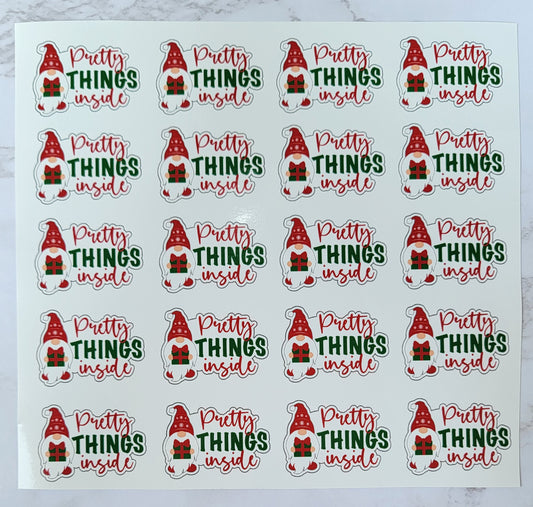 Christmas Theme - Cartoon Garden Gnome - "Pretty Things Inside" - Red & Green w/ White Background - Waterproof Sticker Sheet