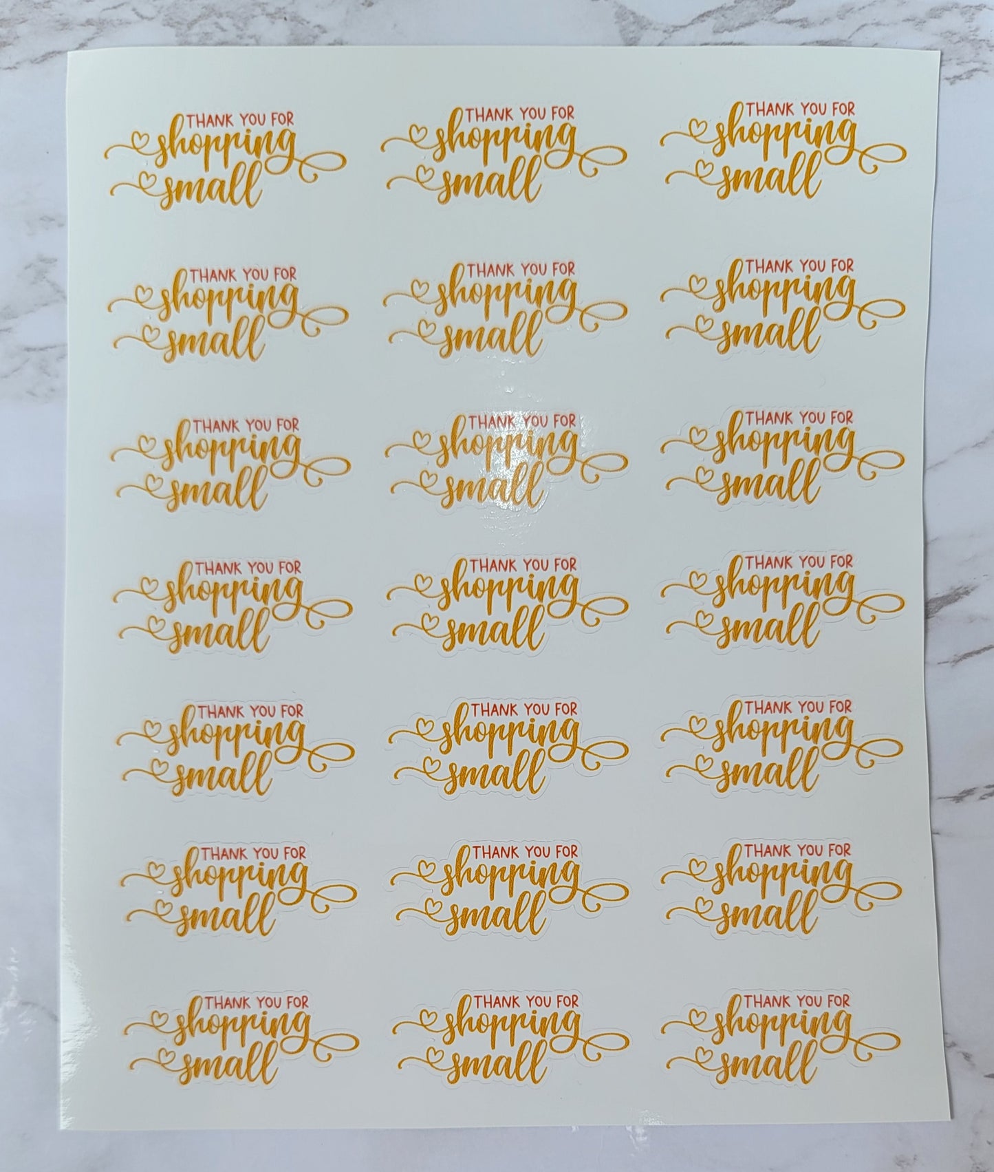 "Thank You For Shopping Small" - Orange Font w/ White Background - Cursive - Waterproof Sticker Sheet