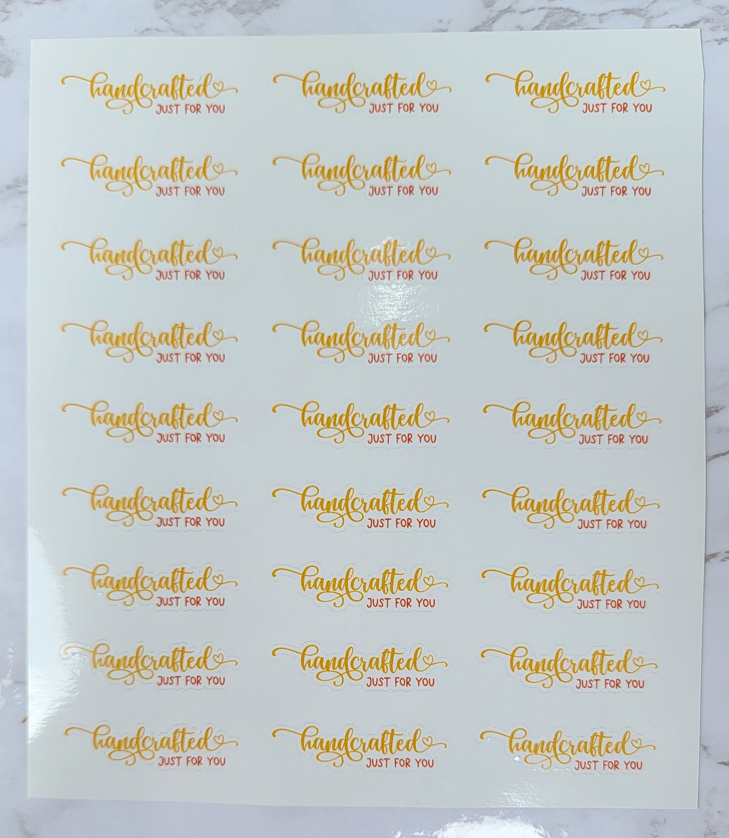 "Handcrafted Just For You" - Orange & Red Font w/ White Background - Cursive -  Waterproof Sticker Sheet