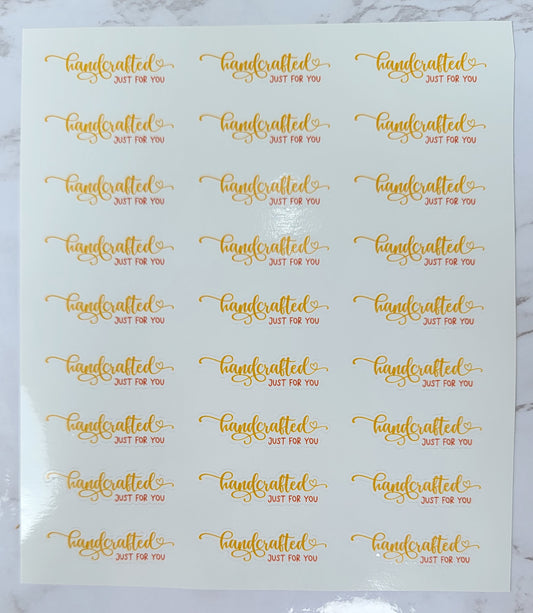 "Handcrafted Just For You" - Orange & Red Font w/ White Background - Cursive -  Waterproof Sticker Sheet