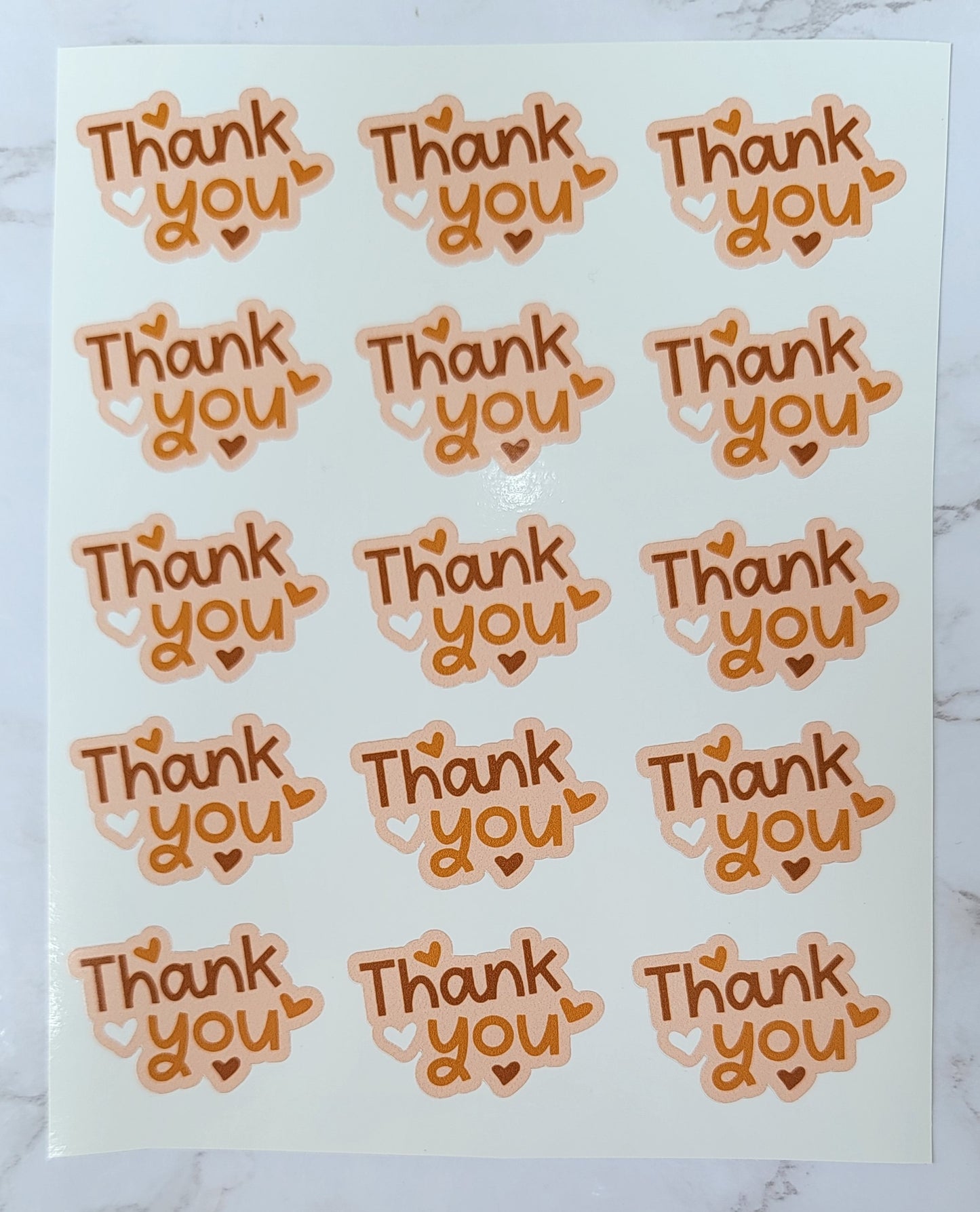 "Thank You" - Assorted Hearts/Font- Salmon Orange Background - Waterproof Sticker Sheet