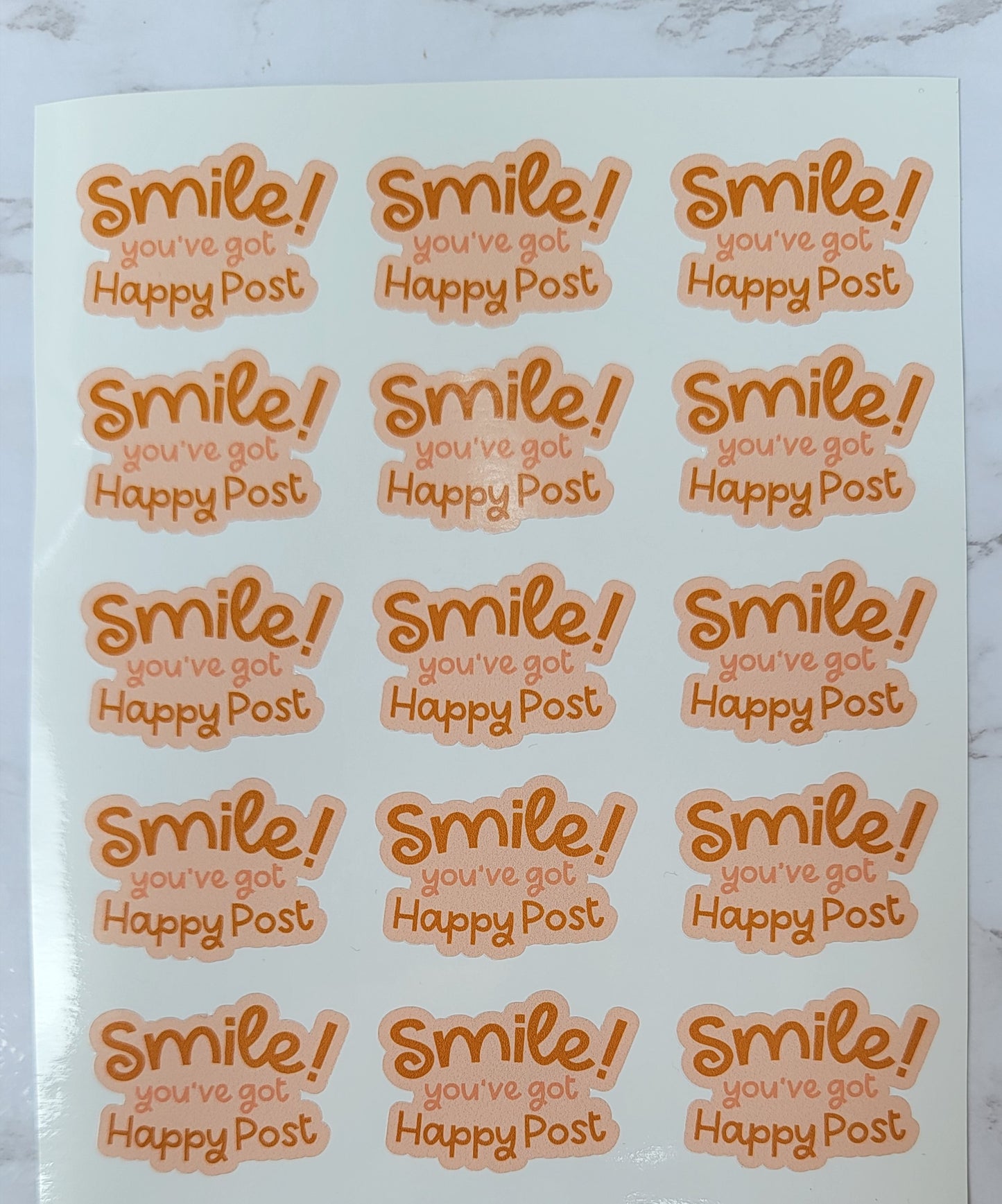 "Smile! You've Got Happy Post" - Slight Cursive - Dark Orange w/ Light Salmon Orange Background - Waterproof Sticker Sheet