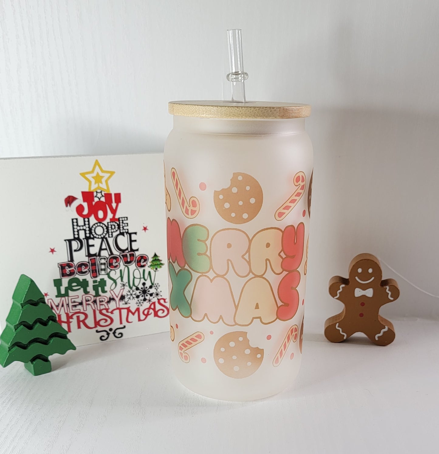 Merry Christmas 16 oz Coffee Can Glass Cup