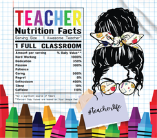 School Teacher "Nutrition Facts" 20 Oz Sublimation Transfer