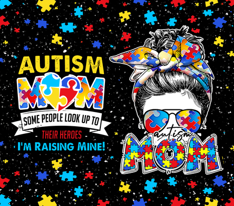 Autism Awareness - "Autism Mom" - Black w/ Colorful Puzzle Pieces 20 Oz Sublimation Transfer