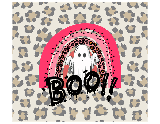 Halloween Ghost - "Boo!" - Pink Rainbow w/ Cheetah Pattern - 20 Oz Sublimation Transfer