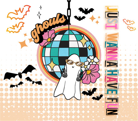 Halloween Groovy Ghost - :Just Wanna Have Fun" - Orange & White - 20 Oz Sublimation Transfer