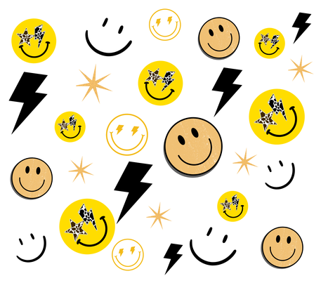 Yellow Smiley Faces w/ Black Lighting Bolts - White Background - 20 Oz Sublimation Transfer