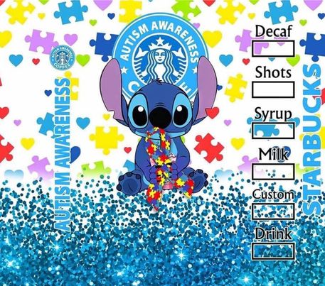 Autism Awareness - Blue  Alien - Blue & White w/ Multicolored Puzzle Pieces -  20 Oz Sublimation Transfer