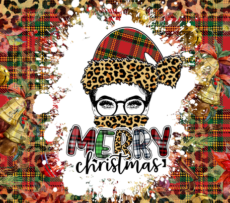 Christmas - "Merry Christmas" - Plaid Red & Green w/ White & Cheetah Background - 20 Oz Sublimation Transfer