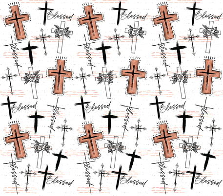 Christianity - "Blessed" - White & Gold Crosses w/ Tan Background - 20 Oz Sublimation Transfer
