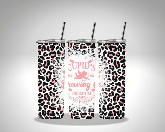 Cupids Brewing Valentines Pink Leopard Sublimation 20 oz tumbler