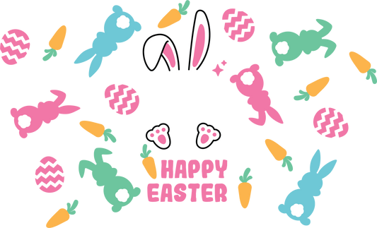 Easter HAPPY EASTER Bunnies Carrots and Chevron Eggs HOLE - 24 Oz cold cup UV DTF Wrap