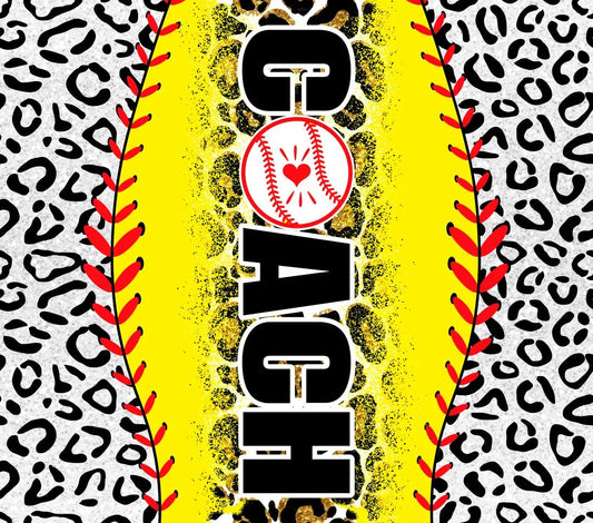 Baseball Coach Appreciation - "Coach" - Yellow w/ Black Cheetah Pattern - White Background - 20 Oz Sublimation Transfer