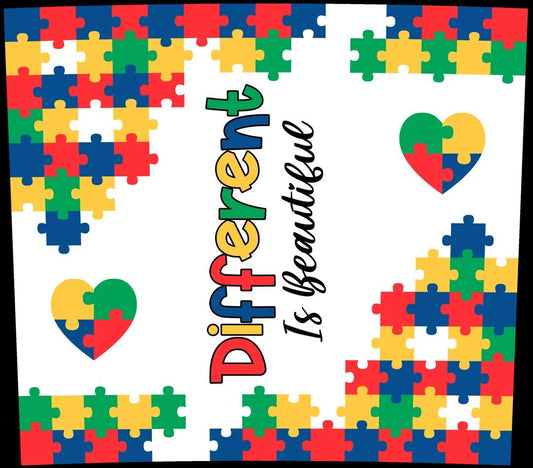 Autism Awareness - "Different Is Beautiful" - Multicolored Puzzle Pieces w/ White Background - 20 Oz Sublimation Transfer