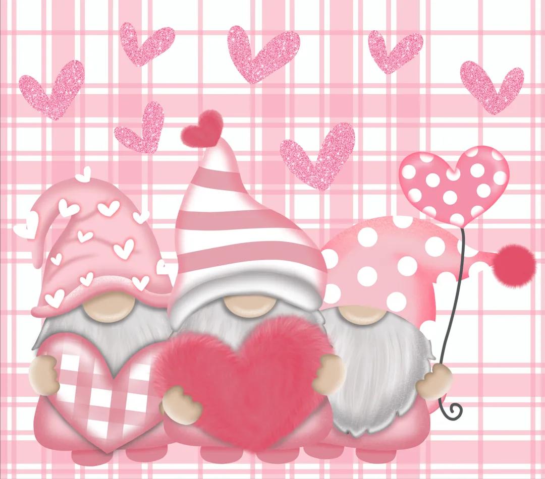 Valentine's Theme - Assorted Pink Garden Gnome w/ Pink Plaid Background - 20 Oz Sublimation Transfer