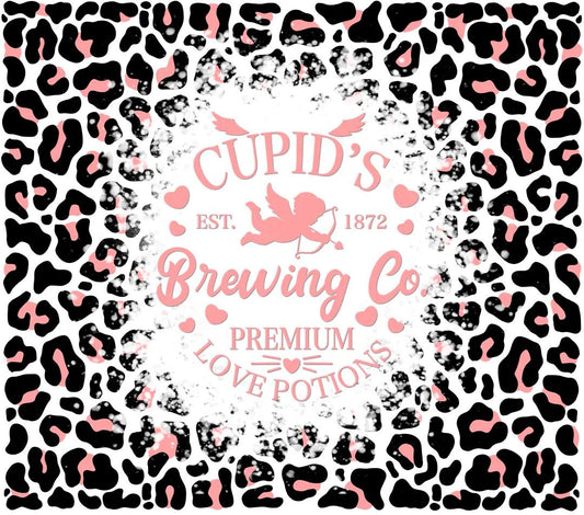 Valentine's Theme - "Cupid Brewing Co.." - Pink Cheetah Print w/ White & Black Background - 20 Oz Sublimation Transfer