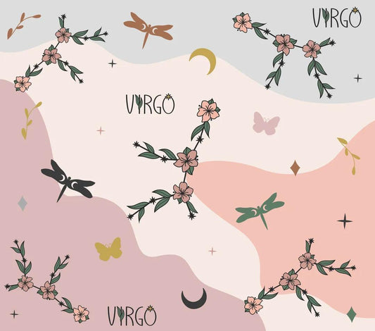 Astrology Theme - "Virgo" - Pink, Blue, & Orange w/ Floral Design w/ Assorted Butterflies - 20 Oz Sublimation Transfer