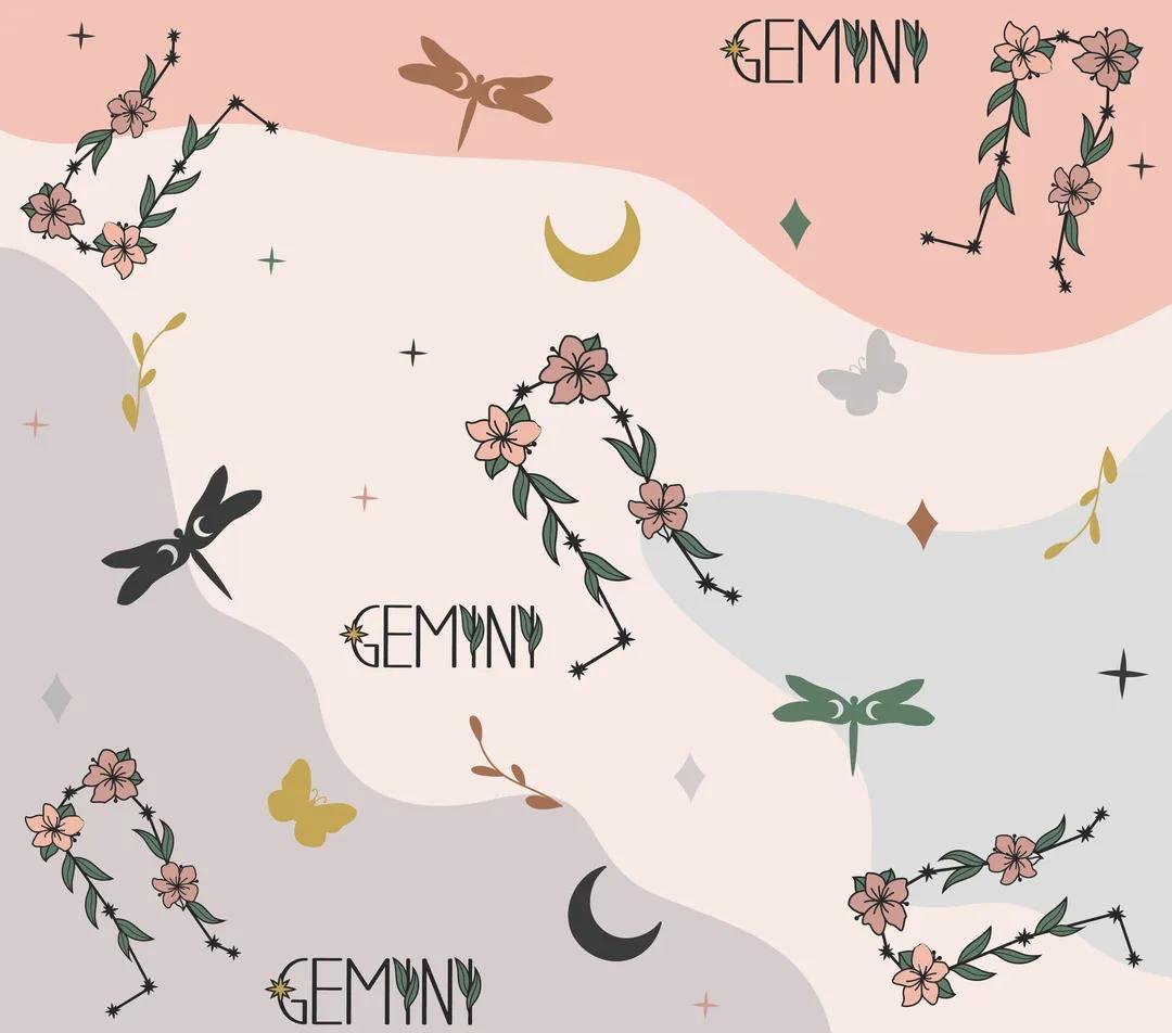 Astrology Theme - "Gemini" - Pink, Blue, & Orange w/ Floral Design - 20 Oz Sublimation Transfer