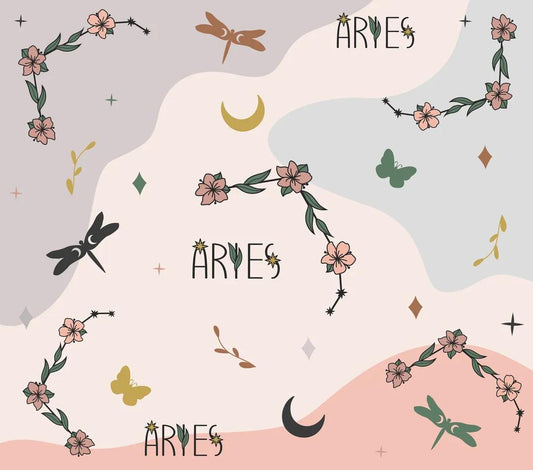 Astrology Theme - "Aries" - Pink, Blue, & Orange w/ Floral Design - 20 Oz Sublimation Transfer