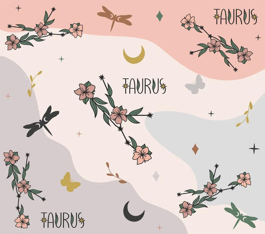 Astrology Theme - "Taurus" - Pink, Blue, & Orange w/ Floral Design w/ Assorted Butterflies - 20 Oz Sublimation Transfer