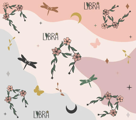 Astrology Theme - "Libra" - Pink, Blue, & Orange w/ Floral Design w/ Assorted Butterflies - 20 Oz Sublimation Transfer
