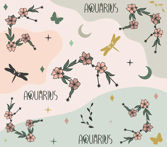Astrology Theme - "Aquarius" - Pink, Blue, & Orange w/ Floral Design - 20 Oz Sublimation Transfer