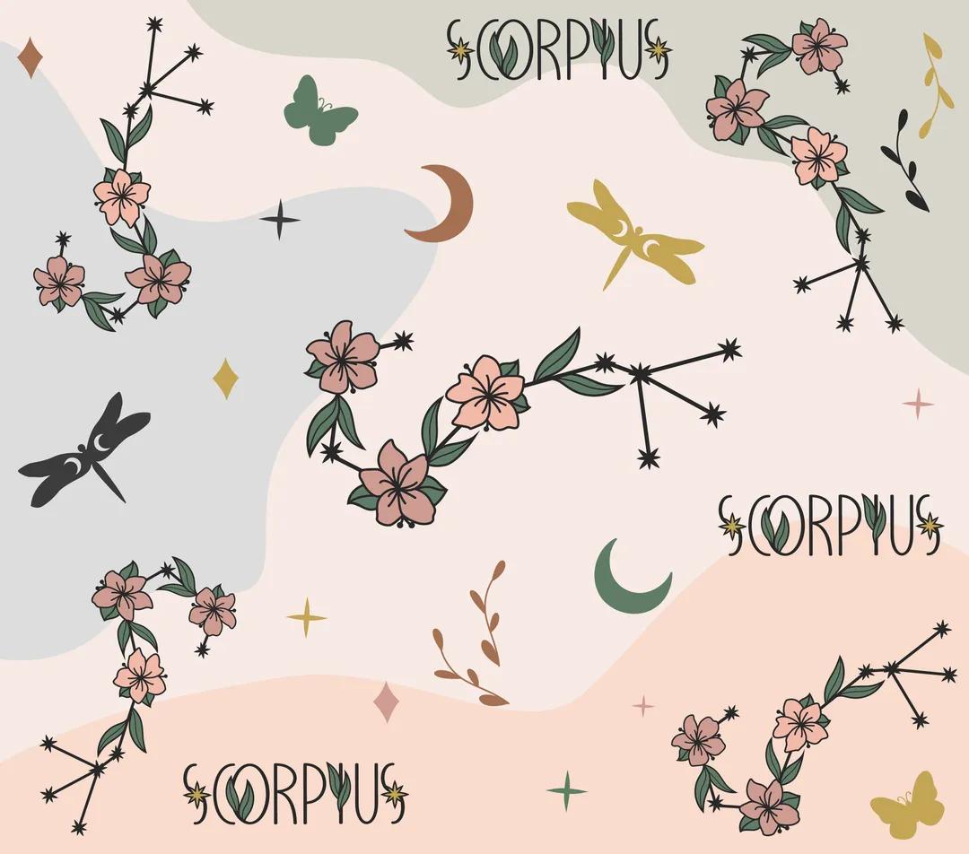 Astrology Theme - "Scorpius" - Pink, Blue, & Orange w/ Floral Design - 20 Oz Sublimation Transfer