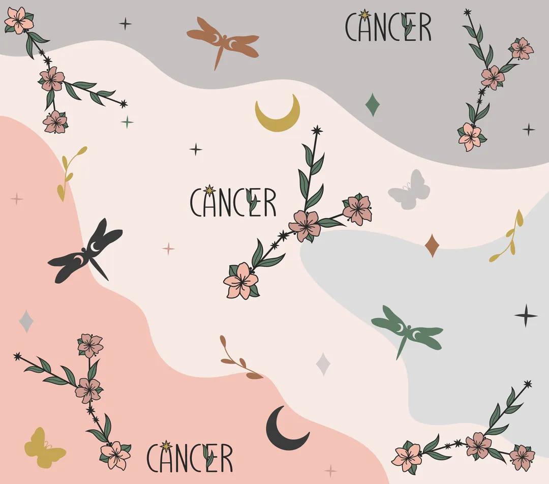 Astrology Theme - "Cancer" - Pink, Blue, & Orange w/ Floral Design w/ Assorted Butterflies - 20 Oz Sublimation Transfer