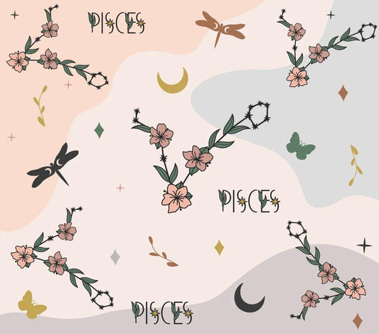 Astrology Theme - "Pisces" - Pink, Blue, & Orange w/ Floral Design - 20 Oz Sublimation Transfer