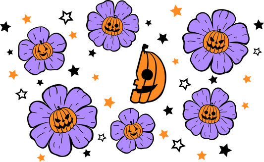 Halloween Pumpkin with Purple Flower - NO HOLE 24 Oz cold cup UV DTF Wrap