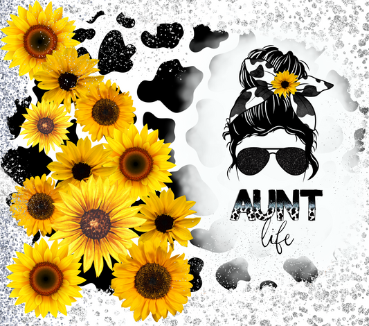 Aunt Life Glitter Cow and Sunflower - 20 Oz Sublimation Transfer