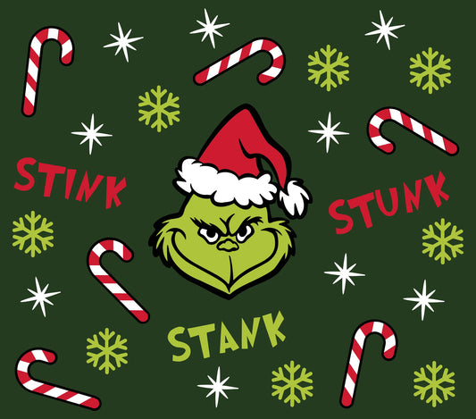 Evil Christmas Man Smiling - Cartoon - "Stink, Stank, Stunk - Green Snowflakes & Assorted Candy Canes w/ Dark Green Background - 20 Oz Sublimation Transfer