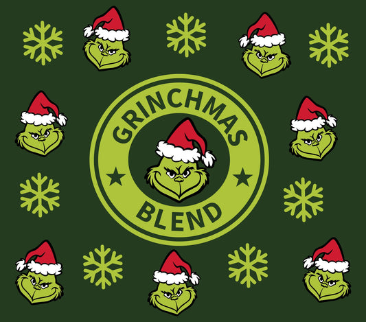 Christmas Coffee Theme - Evil Green Man Smiling - Cartoon - "Grinchmas Blend" - Light w/ Dark Green - 20 Oz Sublimation Transfer