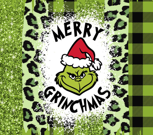 Evil Christmas Green Man - Cartoon - "Merry Grinchmas" - Green Sparkle/Plaid/Cheetah Pattern w/ White - 20 Oz Sublimation Transfer