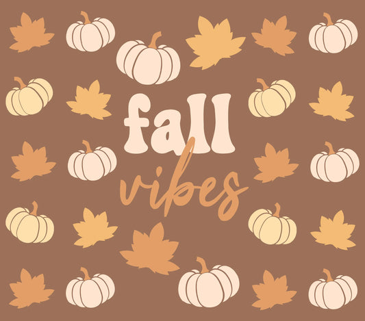 Autumn Theme - "Fall Vibes" - Assorted Leaves & Pumpkins on Light Brown Background - 20 Oz Sublimation Transfer