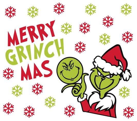 Evil Christmas Green Man - Cartoon - "Merry Grinchmas" - Green & Red w/ White Background - 20 Oz Sublimation Transfer