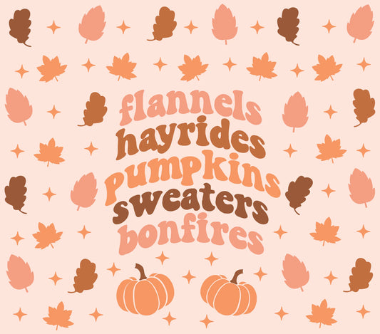 Autumn Theme - "Flannels, Hayrides, Pumpkins, Sweaters, Bonfires" - Assorted Leaves/Pinecones w/ Light Pink Background - 20 Oz Sublimation Transfer