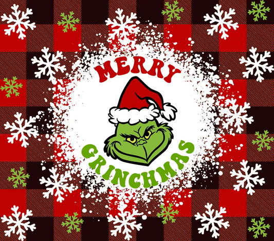 Christmas Evil Green Man - Cartoon - "Merry Grinchmas" - Assorted Snowflakes w/ Red Plaid Background - 20 Oz Sublimation Transfer