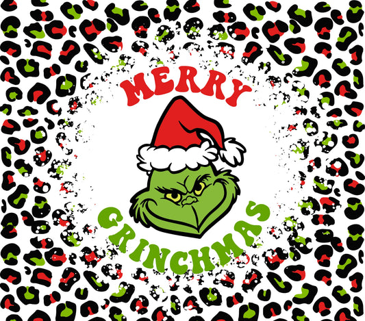 Christmas Evil Green Man - Cartoon - "Merry Grinchmas" - Red & Green Cheetah Pattern w/ White Background - 20 Oz Sublimation Transfer