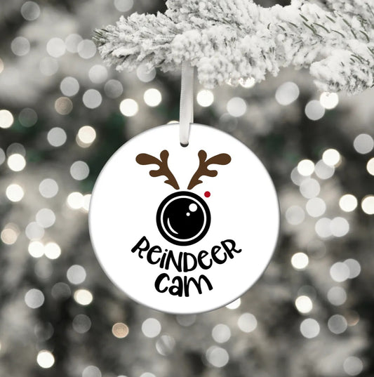 Reindeer Cam With Antlers / White Acrylic Ornament UV DTF Decal