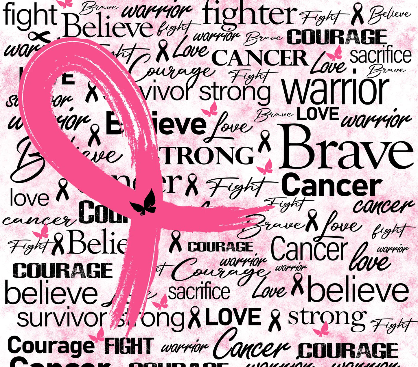 Breast Cancer Awareness - Qualities of a Survivor - Pink Ribbon w/ Black Butterfly w/ Light Pink & White Background - 20 Oz Sublimation Transfer