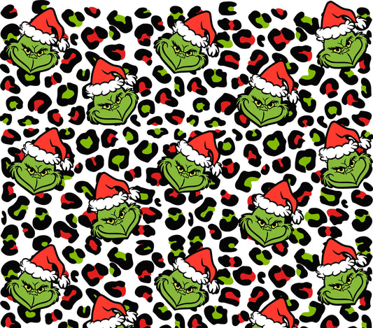 Evil Green Man Smiling - Cartoon - Christmas Cheetah Pattern w/ White Background - 20 Oz Sublimation Transfer