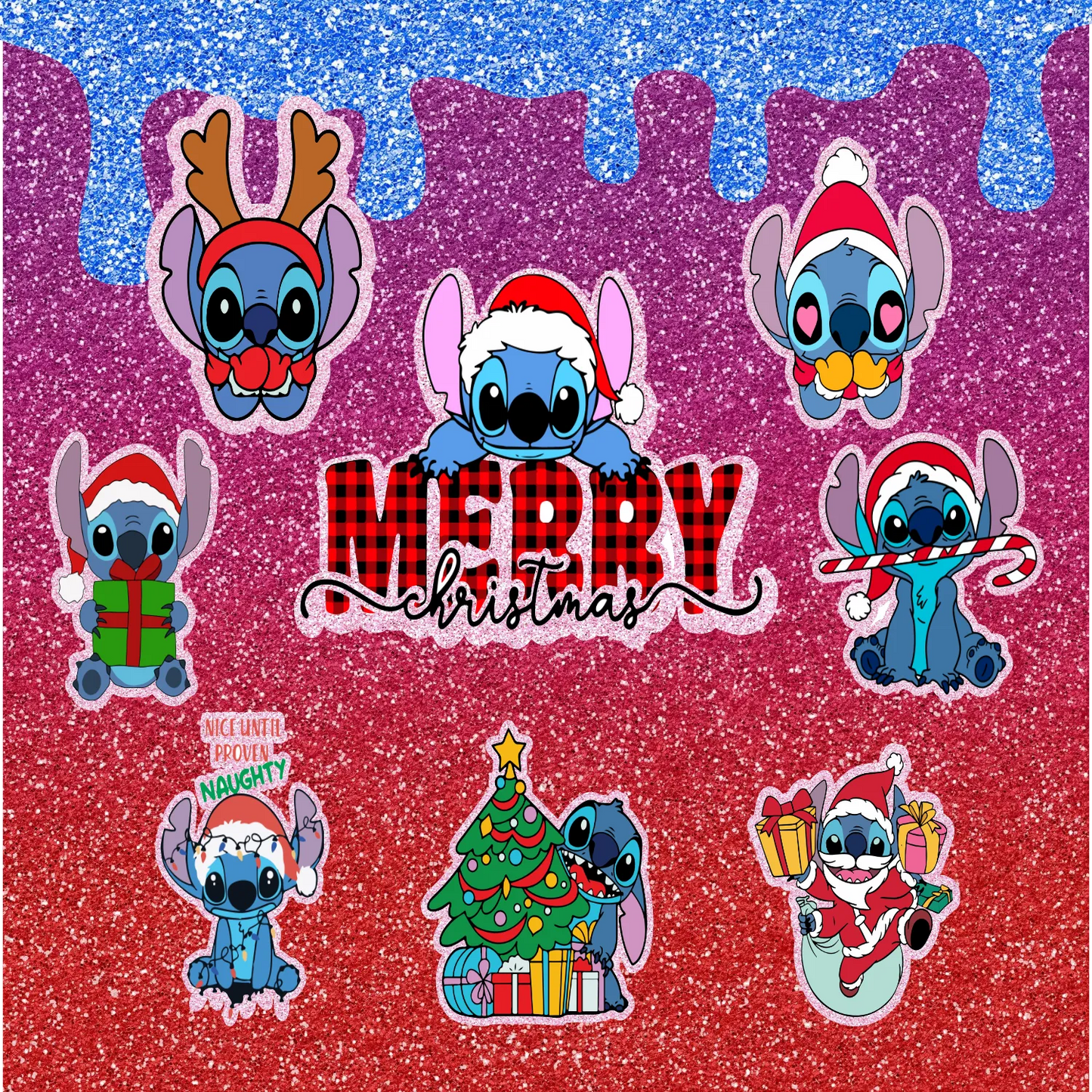 Christmas Wearing Blue Alien - Multicolored w/ Red, Purple & Blue Sparkly Background - 20 Oz Sublimation Transfer