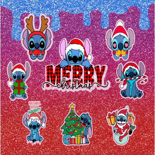 Christmas Wearing Blue Alien - Multicolored w/ Red, Purple & Blue Sparkly Background - 20 Oz Sublimation Transfer