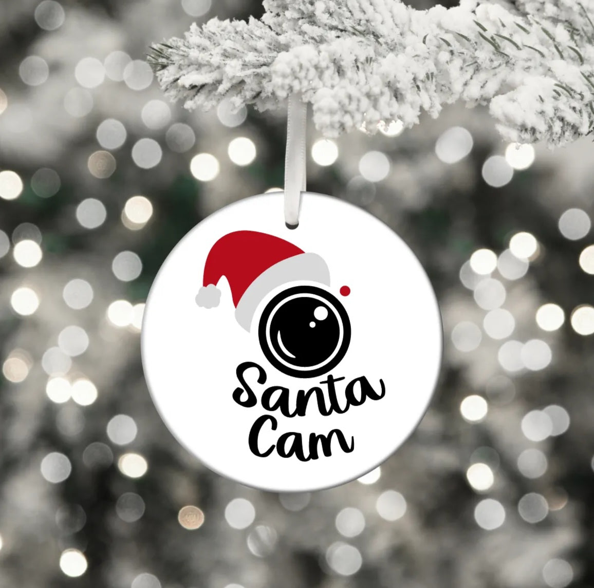 Santa Cam with Hat / White Acrylic Ornament UV DTF Decal