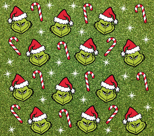 Evil Christmas Green Man Smiling - Cartoon - Assorted Candy Canes w/ Sparkly Green Background - 20 Oz Sublimation Transfer