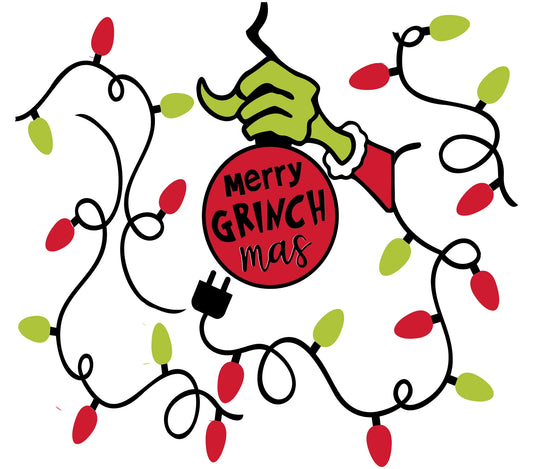 Christmas Ornament/Lights - Cartoon - "Merry Grinchmas" - Red & Green w/ White Background - 20 Oz Sublimation Transfer